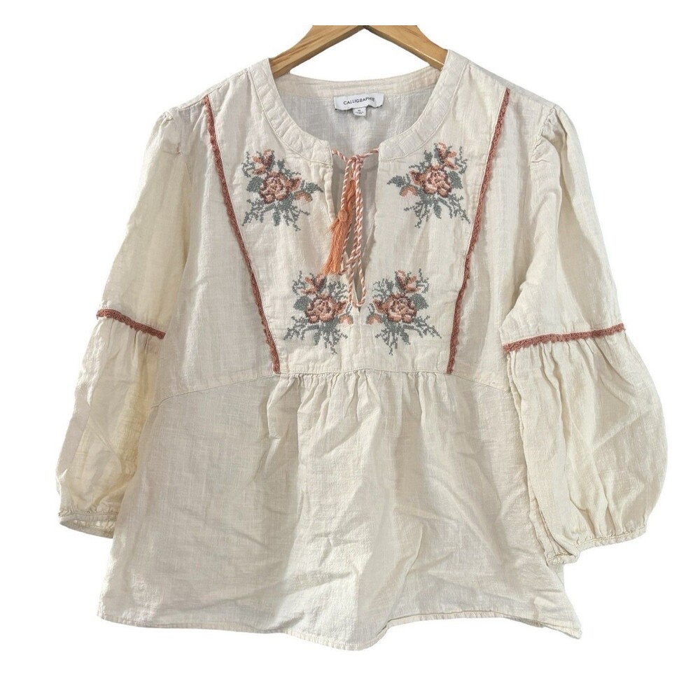 Calligraphie XL Ivory Floral Embroidered Cotton Peasant Blouse Boho Tassel Top - Picture 2 of 9
